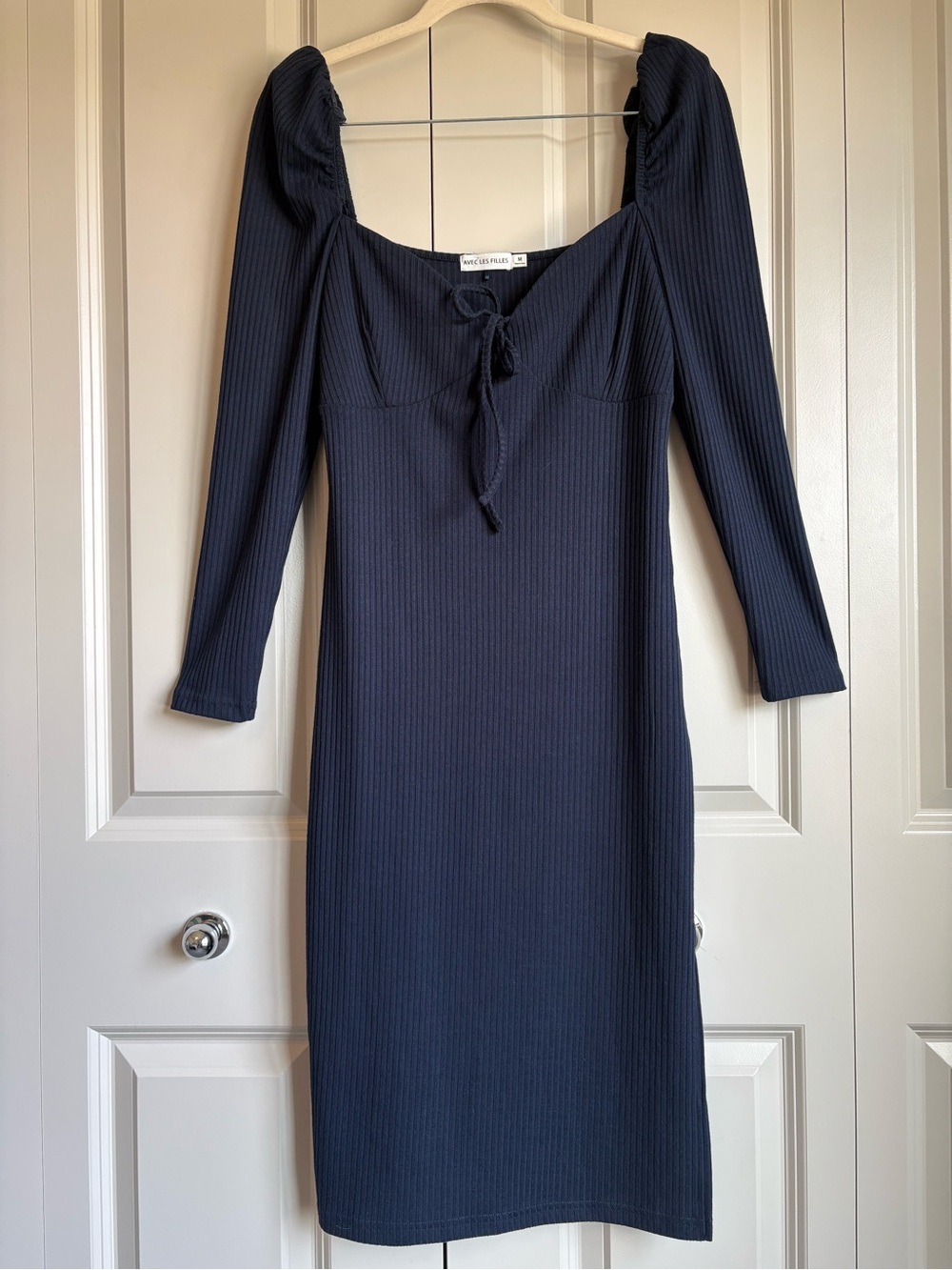 Avec Les Filles Ribbed Midi Dress Women’s Medium Navy Long Sleeve Square Neck